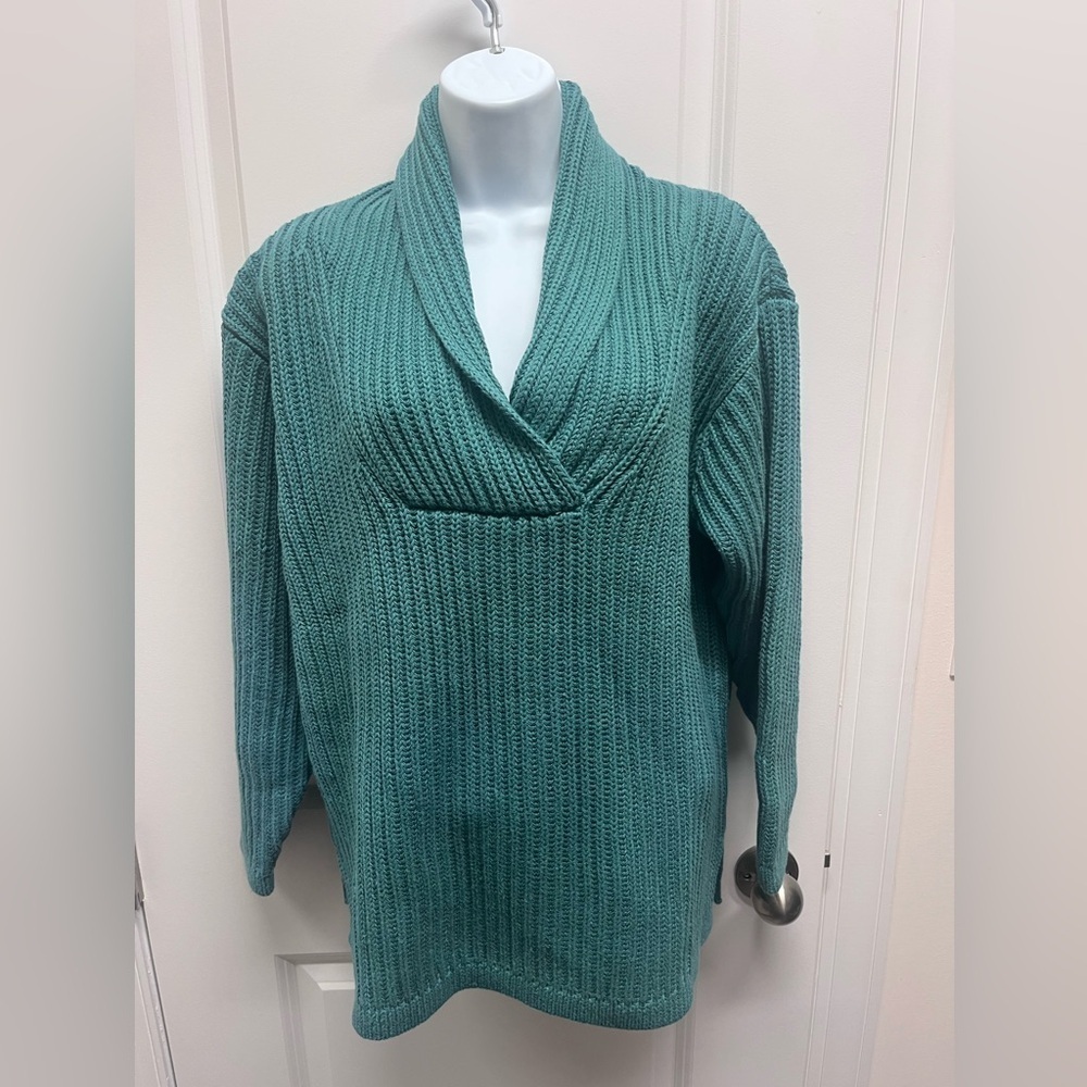 Vintage Eddie Bauer Petite Shaker Knit Sweater Teal Green Shawl Neck Cotton S/P